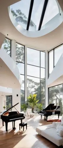 Martin Fenlon Architecture, modern villa, luxurious, minimalist, white walls, large windows, sliding glass doors, wooden floors, high ceiling, spacious living room, grand piano, floor lamps, sectional