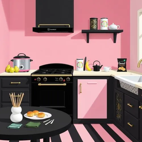  The image depicts a cozy kitchen with a pink and black color scheme. The background wall is painted pink, complemented by black cabinetry and a pink-and-black striped floor. On the left, a silver and