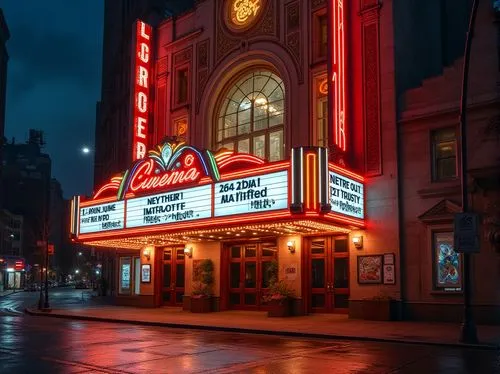 Eclectic cinema facade, ornate Art Deco details, vibrant neon lights, retro-futuristic accents, curved geometric lines, luxurious velvet curtains, grand entranceways, opulent chandeliers, metallic fra