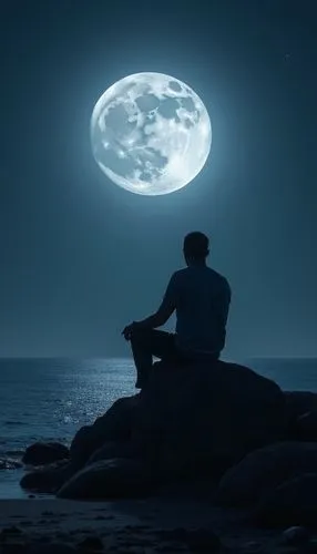 a man is sitting on a rock looking at the moon,moonlight,vishishtadvaita,meditate,blue moon,moonstruck,moonlit night,Photography,General,Realistic