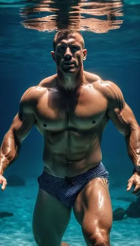 A Navy Seal from the USA looking in the water on a mission at Night，shirtles powerful muscles, wet skin, wet underwear, tattoed body, cinematic film still, shallow depth of field, vignette, highly det