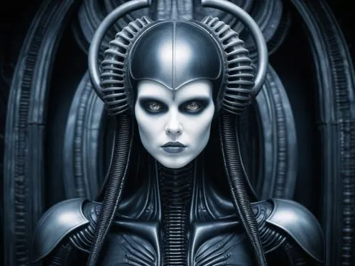 giger style,a woman in a dark alien costume is looking straight ahead,giger,mediatrix,nephthys,vril,sirian,melora