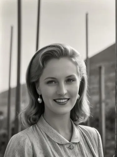 Eva Braun smiling at the high fence in California.,a woman smiling with a lot of poles in the background,maureen o'hara - female,hayworth,gena rolands-hollywood,jane russell-female,ann margarett-holly