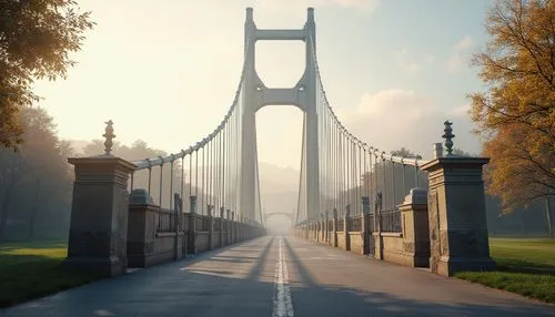 Elegant suspension bridge, sleek steel cables, sturdy pillars, pedestrian walkways, bicycle lanes, gentle arches, symmetrical composition, rustic stone abutments, modern academic architecture, grand e