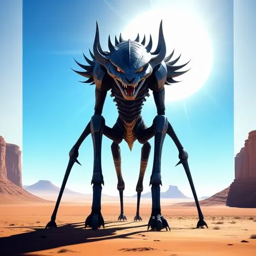 a mighty aaazrrt towers over a vast, barren landscape. Its long, curved legs stretch out like the blades of soil below its feet. The sun beats down on the scene, casting long shadows that blur the hor