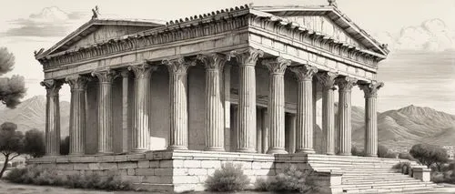 Ancient Greek Corinthian temple, grandiose structure, ornate columns, carved marble, intricate sculptures, Ionic capitals, frieze with bas-relief, pediment with statues, sunlit, afternoon, warm light,