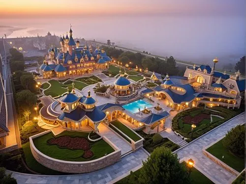 A large Disneyland island beach view,aerial view of an elaborate mansion with an outdoor pool and a theater,shanghai disney,fairy tale castle,fairytale castle,crimea,yantai,disney castle,Photography,G