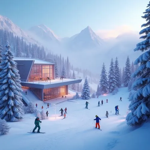 Ski resort, snowy mountains, winter scenery, incorporating lavender blue color scheme, modern futuristic architecture, sleek lines, glass walls, metallic accents, warm lighting, cozy atmosphere, skier