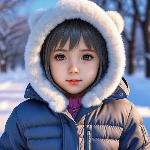 zhiyuan,xiaoxi,suri,cute cartoon character,snowsuit,winter background,Photography,General,Realistic