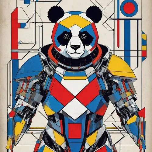 Cybernetic Panda Warrior, Mondrian Style, Fantasy, Sci fi, Full Color Illustration, mainly bright metal colors, intricate design, fine details, complex, sophisticated, hexagonal,pandabear,paolozzi,tet