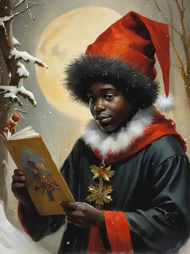 black pete,christmas messenger,santa claus,christmas santa,seasons greetings,santa,st claus,modern christmas card,saint nicholas,yule,santa clause,saint nicholas' day,i bring you great tidings of joy,happy kwanzaa,father christmas,christmas elf,christmas carol,carolers,elves,christmas greetings,Illustration,Realistic Fantasy,Realistic Fantasy 16