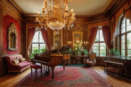 Luxurious Victorian-era interior, ornate chandelier, intricately carved wooden furniture, velvet drapes, richly patterned Persian rug, grand piano, marble fireplace, oil paintings on walls, lavish flo