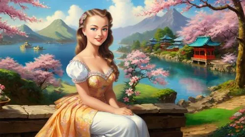 fantasy picture,oriental princess,japanese sakura background,landscape background,oriental painting,spring background,springtime background,oriental girl,fantasy art,girl on the river,hula,fairy tale character,pocahontas,girl in flowers,shennong,flower background,kunqu,jasmine,portrait background,anarkali