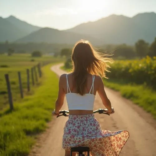 

A candid and spontaneous photograph of a woman riding a bicycle on a picturesque rural road. Seen from behind, she wears a whitesleeveless crop-top and a floral skirt that billows in the wind. The s