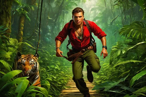 ocelot,king of the jungle,tarzan,the law of the jungle,zookeeper,tiger png,a tiger,jungle,game illustration,animals hunting,asian tiger,sumatran tiger,action-adventure game,hunting scene,bengalenuhu,young tiger,sumatran,tiger,adventurer,the wanderer,Illustration,Realistic Fantasy,Realistic Fantasy 22