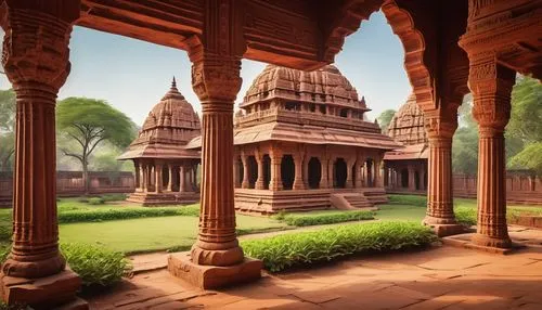 Ancient Indian Gupta period architecture, intricate carvings, ornate temples, red sandstone structures, majestic pillars, curved roofs, lotus-shaped capitals, delicate stone sculptures, serene courtya