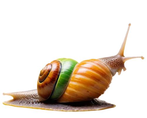 Snail, shell spiral pattern, brown and yellow stripes, slimy trail, tiny eyes, antennae, leaf green body, slow movement, close-up shot, shallow depth of field, warm lighting, vibrant colors, 3/4 compo