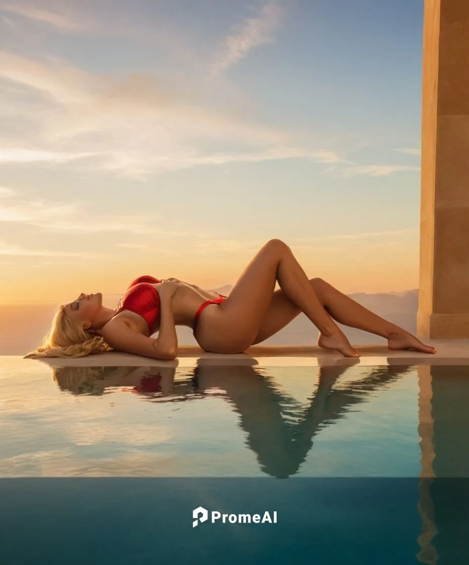 a sexy blonde, lying down with back arched  over the ledge of an infinity pool, golden hour, side profile, in a red bikini,honeymoons,ibiza,cabo san lucas,cancun,edelsten,levu,poolside,anantara,cabo,l