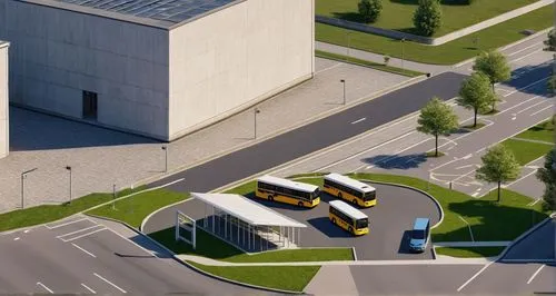 a bus station with a park next to it. Two buildings are behind it, separated by a street.,a series of yellow school buses parked in a parking lot,model buses,ksc,microbuses,documenta,vab,koolhaas,Phot