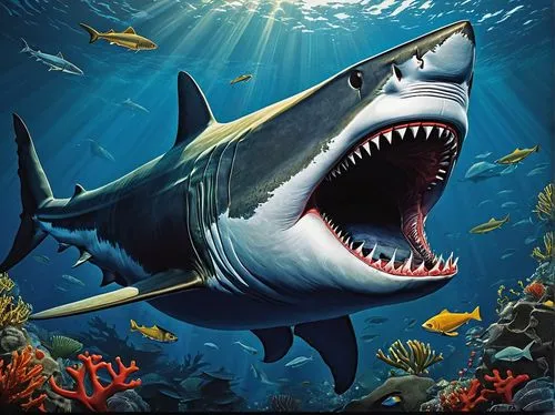 great white shark,sand tiger shark,bull shark,requiem shark,tiger shark,shark,jaws,sea animals,marine reptile,bronze hammerhead shark,cartilaginous fish,cetacea,sea animal,marine animal,underwater background,hammerhead,aquatic animals,sharks,underwater world,thunnus,Art,Artistic Painting,Artistic Painting 50