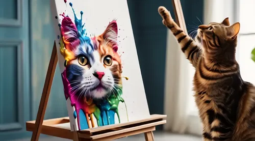 whimsical animals,cat drawings,painting technique,art painting,cat frame,artistic,anthropomorphized animals,glass painting,cat portrait,toyger,drawing cat,bengal cat,to paint,cat cartoon,animals play 