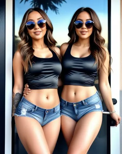 two beautiful women in  shorts and tank tops posing together,jeans background,modelos,huaylas,cholas,mirroring,two piece swimwear