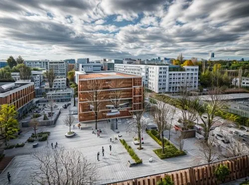 der weiße kubus soll als Svchulgebäude mit zurückspringendem Erdgeschoss und Glasfassade dargestellt werden. die Bauteile sind aus Holz, das dach ist flach und begrünt. ((die anderen bereiche der Vorl