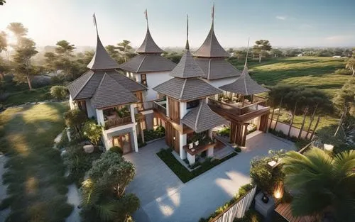 rumah gadang,javanese traditional house,render,3d rendering,istana,roof domes,rumah,holiday villa,toraja,rattanakiri,asian architecture,minangkabau,roof landscape,rattanakosin,borneo,nusa dua,naboo,angsana,kampung,prasat,Photography,General,Realistic