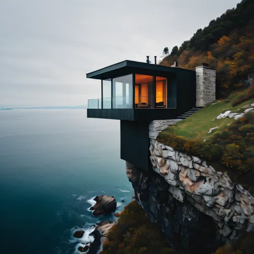 house by the water,house with lake,summer house,cubic house,house of the sea,inverted cottage,glass rock,mirror house,lifeguard tower,house in mountains,cliff top,lookout tower,observation deck,norway