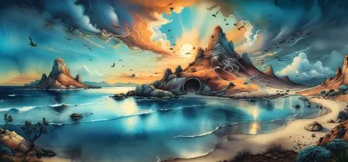 an artwork scene painted on the wall with mountains and blue water,fantasy landscape,volcanic landscape,fantasy picture,fantasy art,badland,cartoon video game background,Illustration,Realistic Fantasy