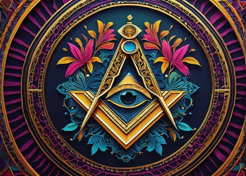 Create a vibrant and colorful Freemason logo with intricate patterns.,masonic,triquetra,triangles background,ethereum logo,freemasonry,all seeing eye,ethereum icon,freemason,esoteric symbol,masons,eth