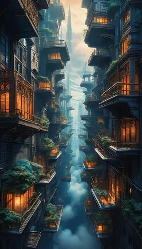 fantasy city,world digital painting,skyscraper town,fantasy landscape,fantasy picture,yamatai,fractal environment,cityscape,3d fantasy,ancient city,kowloon,kinkade,apartment block,metropolis,futuristic landscape,sci fiction illustration,citadels,floating huts,aurora village,underwater landscape,Illustration,Japanese style,Japanese Style 14