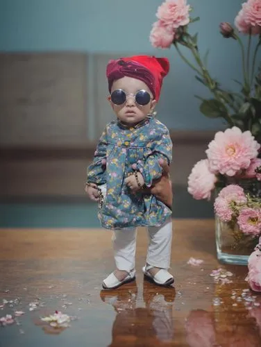 a little baby doll wearing sunglasses and a hat,tenenbaum,fashion doll,makonnen,stylish boy,babbino,lilladher