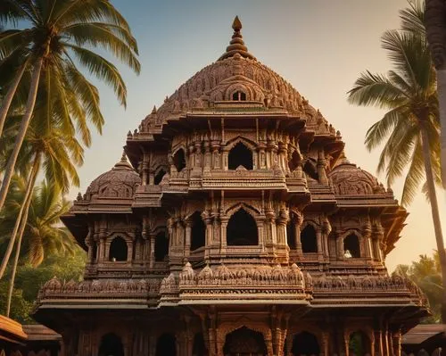 Intricately carved Indian temple, ornate Hindu architecture, vibrant colors, intricate stone carvings, domed roof, pillars with mythological figures, detailed sculptures of gods and goddesses, symmetr