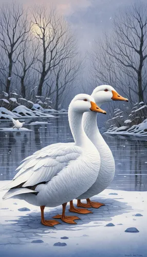 snow goose,larus,swan pair,swan lake,swan boat,winter animals,tundra swan,waterfowl,arctic birds,water fowl,constellation swan,ornamental duck,trumpeter swan,swan on the lake,winter background,white swan,a pair of geese,gulls,white pelican,duck on the water,Illustration,Realistic Fantasy,Realistic Fantasy 05