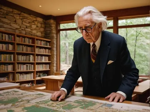 Frank Lloyd Wright, American architect, standing, 60yo, white hair, glasses, suit, tie, holding blueprints, pencil, looking at building model, desk, papers, books, wooden chair, natural light, office 