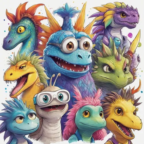 dinosaurs,hatchlings,dragees,animal faces,dragons,monsters,kids illustration,skylander giants,children's background,landmannahellir,dinosaruio,anthropomorphized animals,ccc animals,sea monsters,lampenpuzergras,skylanders,starters,creatures,puppets,scandia animals,Illustration,Paper based,Paper Based 11