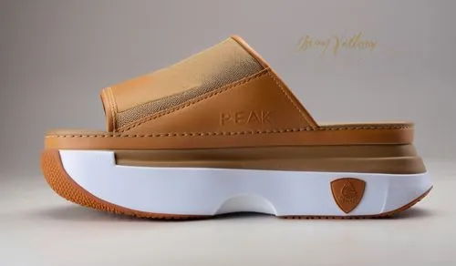 Camel brown sock material slide, tan side panel color, PEAK stitched logo, embossed shield with logo on sole, white sole with camel brown trim,Custom factory slide 1 ,clarks,sebago,moccasin,topsiders,