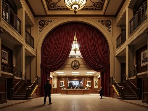 Vintage cinema facade, ornate details, rich wood tones, luxurious velvet curtains, golden accents, subtle lighting, dramatic shadows, atmospheric fog effects, nostalgic film cameras, classic movie pos