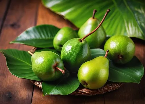 Exotic pearnana, tropical fruit, vibrant green skin, glossy texture, juicy flesh, sweet aroma, solo, still life, decorative leaves, wooden table, warm lighting, shallow depth of field, 3/4 composition