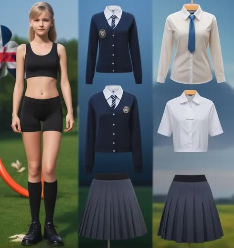 Paper doll British school girl in black sleeveless shirt ,black tight fit spandex shorts with black sock and black shoe standing surrounded by with a set of british school uniform, shirt, grey pleated