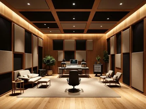 Professional recording studio, soundproofed walls, acoustic panels, diffusers, absorbers, bass traps, high ceilings, wooden floors, minimal echo, optimal reverberation time, precise sound reflection, 