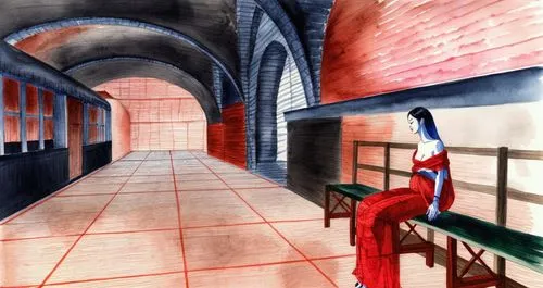 undercroft,the girl at the station,corridor,subway station,corridors,underpass,Illustration,Paper based,Paper Based 30