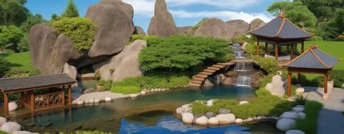 Create a detailed and harmonious design that captures the beauty and tranquility of a natural garden with a koi pond, rock formations, waterfalls, and lush greenery.,cartoon video game background,land