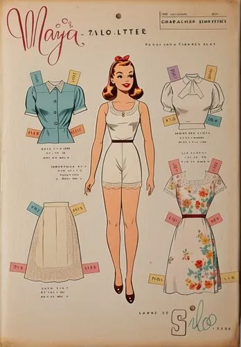 Vintage Paper dolls 1950s women in white shirt,  lace white french knickers with brown shoe standing with a set of elegant 1950s dress full color colorful 1950s fashion 1950s clothing,vintage paper do