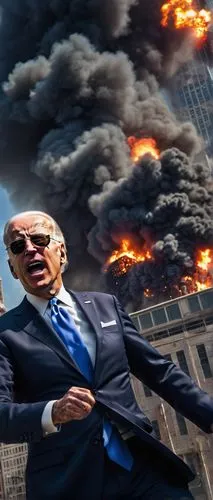 Biden, blast meme, funny expression, wrinkles, white hair, black glasses, suit, tie, presidential aura, explosions in background, smoke effects, cityscape, skyscrapers, destroyed buildings, debris sca