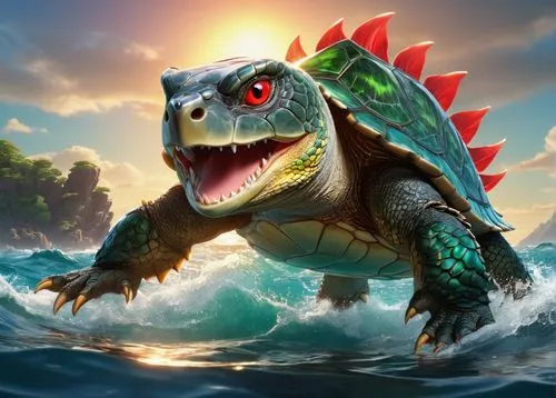 Snapping dragon turtle, ancient mythical creature, powerful claws, shiny emerald green scales, majestic wings spread wide, fiery red eyes, sharp teeth, snapping jaws, water splashing, ocean waves cras