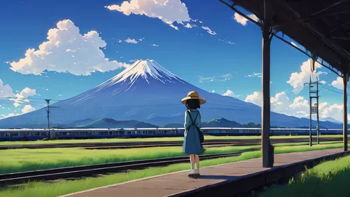 darjeeling,studio ghibli,japan landscape,blue sky,scenery,roof landscape,mt fuji,summer day,landscape background,mount fuji,summer sky,atmosphere,yamada's rice fields,fuji,japanese background,mountain,darjeeling tea,track,the girl at the station,high landscape,Illustration,Japanese style,Japanese Style 14