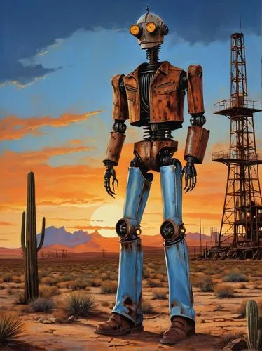 AI robot, futuristic, Texas desert, sunset, rusted metal body, glowing blue eyes, worn leather jacket, torn jeans, dusty cowboy boots, standing, leaning on a old oil pump, vast open landscape, cacti, 