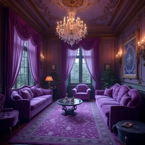 ornate room,victorian room,sitting room,purple wallpaper,royal interior,great room,la violetta,rococo,livingroom,ritzau,furnishings,victorian,rich purple,interiors,living room,mauve,purple and pink,baroque,baccarat,blue room,Photography,General,Realistic